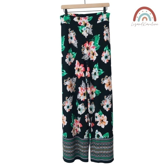 Versona High Waist Straight Wide Leg Tropical Floral Hibiscus Pants - Picture 1 of 9